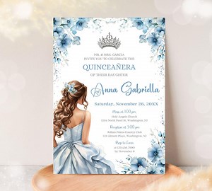 Quinceañera Invitation Light Blue Floral Silver Crown, Spanish & English, Printable 5x7 Invite, DIY Editable Template Canva, A1 - Etsy