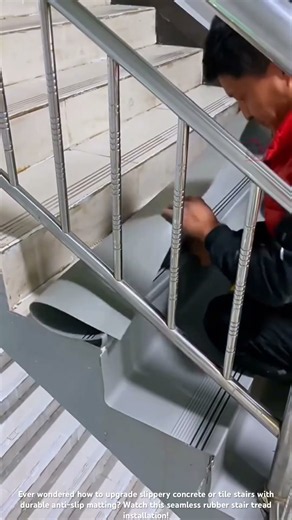 How to Install Rubber Stair Treads & Trim Around Handrails 🪜✨ #shorts
