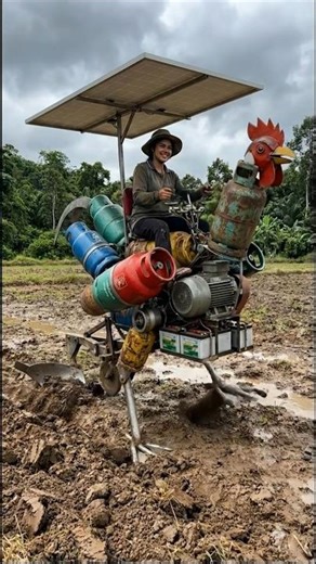 A rooster-shaped robot tearing through the soil