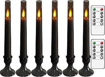 Lezonic Flameless Windows Candles Battery Operated with Timer Remote, 6Pcs Grey Acrylic Flameless Candlesticks with Holders, LED Taper Candles Flickering for Halloween Christmas, 0.8 x 8 inches