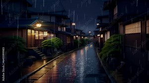 Beautiful traditional Japanese countryside view at night with rainy and stormy weather. Virtual video in anime illustration style, 4K animated background