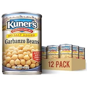 Kuner’s No Salt Added Garbanzo Beans, Plant Protein and Fiber, Gluten Free, Vegan, Fat Free, 12 Pack of 15.5 oz Cans, Canned Beans