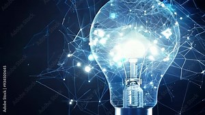 A glowing light bulb symbolizes innovative ideas and creativity against a backdrop of illuminating connections and blue tones.
