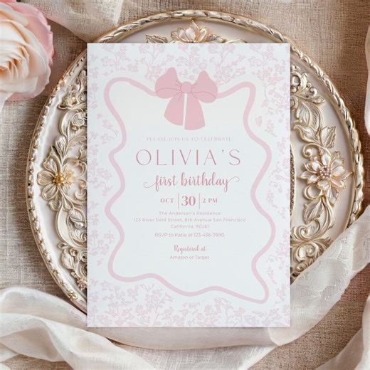 Editable Pink Bow First Birthday Template Printable, Pink Coquette Bow Invitation 1st Birthday Girl Invite, Bow Invite Bow 1st Bday, Bc2 - Etsy