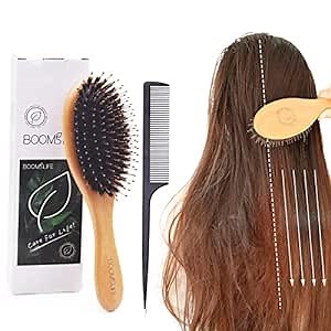 Boar Bristle Hair Brush - Hair Brushes for Women Men Kids,Wooden Paddle Brush for Fine Hair, Hairbrush,Detangler Brush for Thick Curly Thin Long Short Wet or Dry Hair, Tail Comb Included