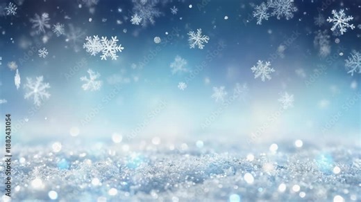 Beautiful winter snowfall background with shimmering snowflakes and blue gradients for holiday designs