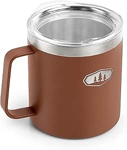 GSI Outdoors Glacier Stainless Lightweight Camp Cup for Camping and Backpacking - 15 oz - Ginger Bread - Clear Lid