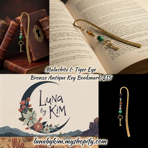 ✨This Bronze Bookmark is crafted with a beautiful antique key charm w/ Malachite & Tiger Eye beads. It is also functional and durable, making it the ideal accessory for book enthusiasts. 🪶 Luna by Kim LLC is an Indigenous Owned Jewelry Shop Featuring Unique Hand Crafted Designs from the Navajo Nation & Alaska. All items in the Shop are Made with Love by yours truly w/ the exception of the Amazing Navajo Raider Patches. 🛍️ Browse & Shop Today: lunabykim.myshopify.com 🔗 Also find us on FB & IG!
