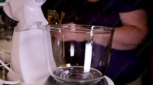 process of preparing sweet delicious waffles in electric waffle iron using food processor beat ingredients eggs flour add sugar close-up cooking show recipe. raspberries decorate. A set of videos