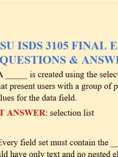 LSU ISDS 3105 – FINAL EXAM Practice Questions & Answers (Exam-Style, Verified Concepts) 1. Which of the following best describes Business Analytics? A. Managing IT infrastructure B. Using data to support business decision-making C. Designing databases only D. Writing computer programs ✅ Correct Answer: B 2. Which Excel function returns the average of a range only if criteria are met? A. AVERAGE B. COUNTIF C. AVERAGEIF D. SUMIF ✅ Correct Answer: C 3. What type of analytics answers the question: “