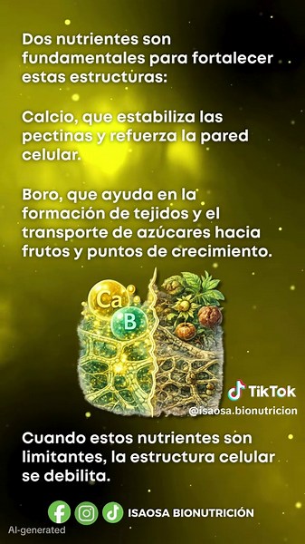 💪 La fuerza de tu cultivo empieza en lo que no se ve: sus paredes celulares. Cada célula necesita soporte para crecer fuerte 🌿🍎 Sin paredes celulares resistentes: ⚠ Menor estabilidad ⚠ Frutos débiles ⚠ Menor protección frente a estrés y enfermedades 💡 La clave: 🧪 Calcio → Refuerza la pared y estabiliza pectinas 🌱 Boro → Mejora la formación de tejidos y transporte de azúcares Con Pecta Ca: ✔ Cultivos más firmes y productivos ✔ Mejor amarre de fruto ✔ Crecimiento celular activo ✔ Mayor defen