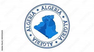Algeria intro. Badge with the circular name and map of the country. Algeria round logo animation.