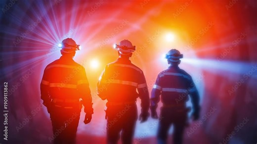 Three firefighters walk forward through smoke toward flashing red and blue emergency lights; silhouettes grow larger as camera tracks in, creating urgent rescue and safety mood.
