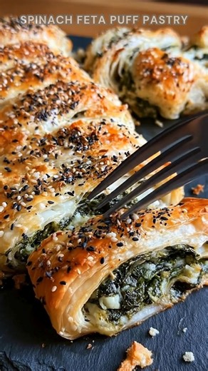 1.4K views · 12 reactions | Puff pastry rolled thin. Fill with spinach, feta, garlic, and Gouda. Braid, brush with egg, top with mozzarella, and bake at 200°C for 30 minutes. Golden, flaky, and cheesy—crisp outside, creamy inside. Ingredients ➤ 1 sheet puff pastry (about 275 g), thawed ➤ 350 g frozen spinach, thawed and finely chopped ➤ 2 cloves garlic, minced or pressed ➤ 100 g feta cheese, crumbled FULLL Recipe in First Cօʍʍеոτ  | Nessy Recipes | Facebook