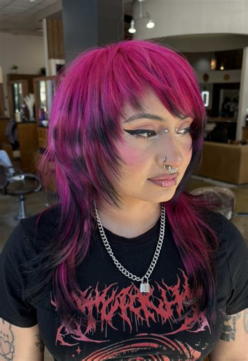 Hot pink root touch up added some raccoon tails with black tips and #emo haircut Color used @Pravana #emohair #foxhair #hotpinkhair #pinkhair #scenehair #scenegirl #emogirls #dfwhairstylist #althairstylist#althair#dallashairstylist #scenequeen