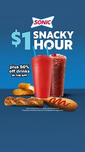 Happy Hour Just Got Snacky​ New $1 Snacky Hour, every day from 2-5pm. Limited time only.​ Terms and Conditions apply, see full terms at https://www.livefreeshopsonic.com/legal/sonic-legal-lines | Sonic Drive-In | Facebook