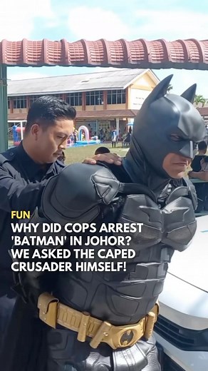 307K views · 97 reactions | A video of police officers arresting ‘Batman’ in Johor has gone viral, amassing over 10 million views on Facebook and TikTok. But what did the Dark Knight do to get arrested? In an exclusive interview with SAYS, Batman Malaysia said the arrest was a stunt. He was invited to the school to perform and the police were there to enliven the festivities.  Check out the full story at www.says.com | SAYS | Facebook