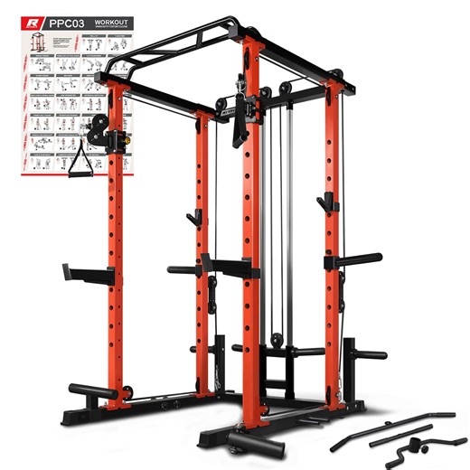 RitFit Multi-Function Power Rack Cage PPC03 with Adjustable Cable Crossover System,1000LBS Capacity, Full Home Gym Workout with J-Hook, Landmine and Other Attachments-Orange