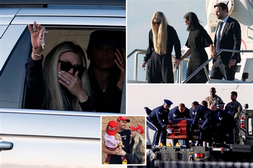 Charlie Kirk’s widow, Erika, fights back tears while waving to supporters as activist’s casket arrives in Arizona