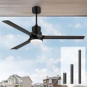 Outdoor Ceiling Fan with Lights: 60 inch Black Ceiling Fan with Remote Fan for Bedroom 6 Speeds Modern Fan with Reversible DC Motor for Patio Bedroom Living Room