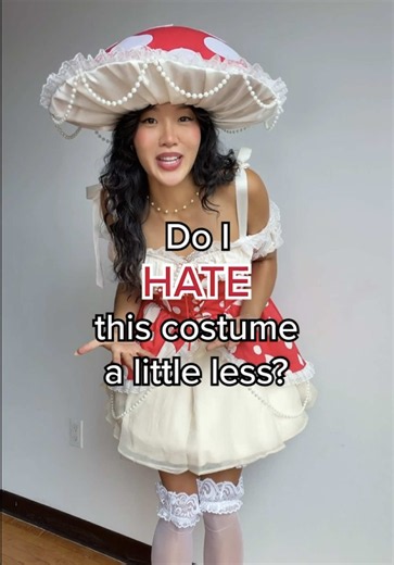 first costume transformation is done!!! she is looking SO MUCH BETTER, esp after the tiny mushroom hat debacle. also if you’d like to wear this costume YOURSELF, make sure to leave a comment below! i will be picking the winner soon :) #halloweencostume #kalitaku #costumeideas #halloweencostumes #giveaway mushroom costume