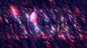 Bright background with rotating disco ball. Motion. Disco background with brilliant iridescent colors and rotating ball. Disco ball with beautiful color shimmers on repeating background