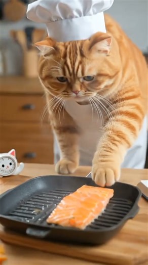 😲🐱 You Won’t Believe How This Chubby Orange Cat Cooks PERFECT Grilled Salmon#chefcat#cutecat