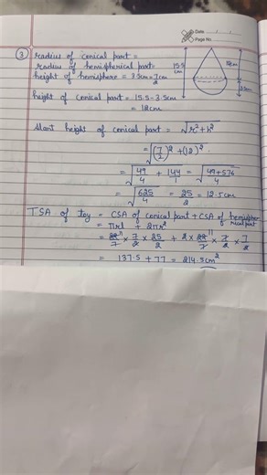 Class 10 ## Handwritten notes ## ncert book ## surface area and volume ## que no. 3