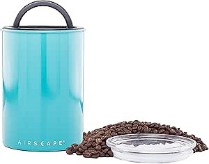 Airscape Coffee Storage Canister (1 lb Dry Beans) - Patented Airtight Lid Pushes Air Out to Preserve Food Freshness - Two Way Valve Releases CO2 - Stainless Steel Food Container- Turquoise