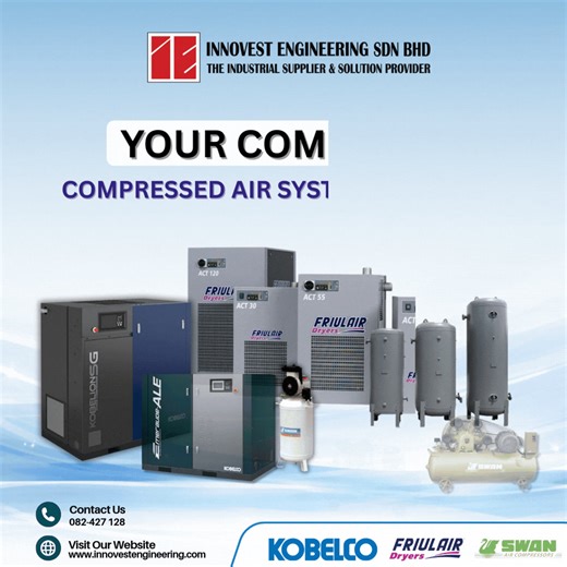YOUR COMPLETE COMPRESSED AIR SYSTEM SOLUTION From air compressors to dryers, air receivers, piping, and after-sales support — Innovest Engineering Sdn Bhd delivers reliable, energy-efficient compressed air solutions for industrial applications. ✔ Authorized distributor ✔ Engineering-based system design ✔ Installation, commissioning & maintenance ✔ Trusted brands: KOBELCO, FRUILAIR & SWAN Visit our store: Kuching: https://maps.app.goo.gl/SVjod6vKHRrDT2yv8 Bintulu: https://maps.app.goo.gl/1vTi8H3u