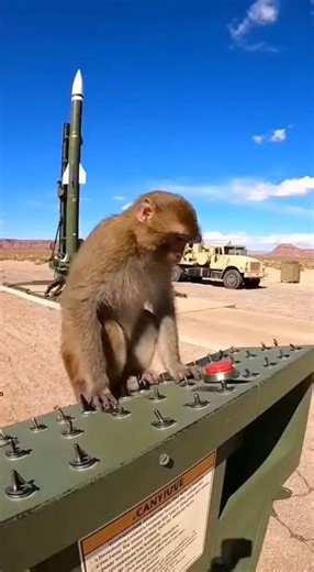🚨 Monkey Caught Pressing Red Missile Launch Button at Desert Military Site! 🚨 Location: Yuma Proving Ground, Arizona, USA 🇺🇸 A bizarre moment was captured at a desert test range when a curious monkey climbed onto a military control panel and began pressing buttons — including a large red one labeled for launch operations. Footage shows the primate tapping the controls while a missile launcher stands armed in the background, creating a surreal and hilarious scene. The unexpected “operator” ap