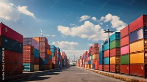 Containers are stacked in the port with cargo ships for shipping and transportation.