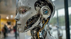 A robotic head with exposed wires and a blue eye is turned to the side in an indoor setting