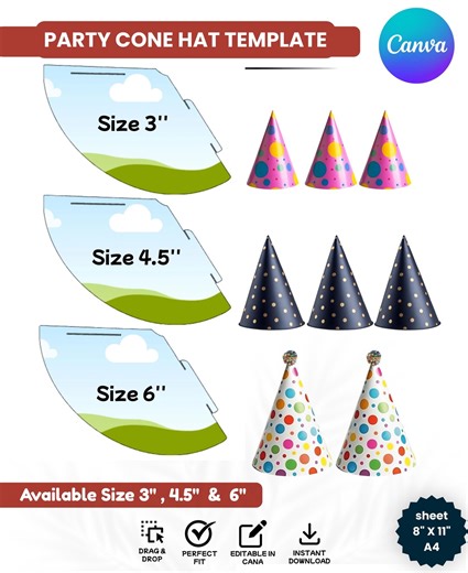 Party Cone Hat Template Bundle, Editable Canva Party Hat Template, Birthday Cone Hat Template, Printable Party Cone Hat, 3 Size Hat Template - Etsy