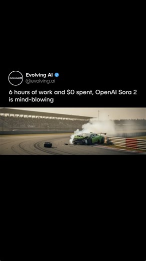 Evolving AI on Instagram: "👀 6 hours + $0 budget = short film made with AI @i12b0kay tested the new Sora 2 to see how far it could go. He used simple text prompts to generate nearly the entire video. Sora created the visuals, the engine sounds, the tire screeches, and the crashes. Only the first two frames came from Kling because image-to-video isn't fully working yet. Right now, it accepts one reference image per scene and uses it more as a loose visual guide. Once the clips were done, he move