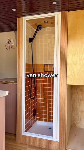 This shower was a dream come true! 💖 I had the vision for our shower before we even had our van and @Fireclay Tile gifted us the most gorgeous tile to make it happen! Tile colors top to bottom: Milky Way, Koi, & Bryce Canyon! All in their 3x3 Straight Set tile. ✨#vanbuild #vanshower #rampromaster #promasterconversion #vanconversion #vanbuildseries