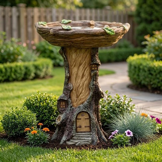 Enchanted Tree Stump Bird Bath – Fairy House Woodland Garden Decor, Resin Nature Accent - Etsy