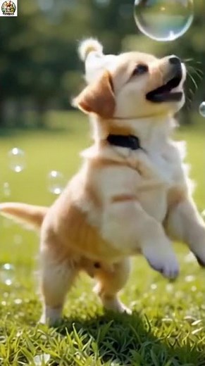 A Cute puppy play with bubble