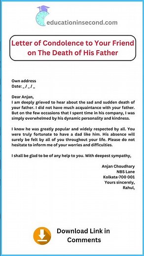 Letter of condolence to a friend on the death of his father