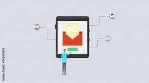 Businessman sending promotional message to individual subscribers, personalised email marketing, increase newsletter open rate, digital communication video animation concept.