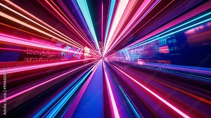 Abstract neon light speed motion through futuristic tunnel, representing fast-paced technology, innovation, and vibrant digital design.