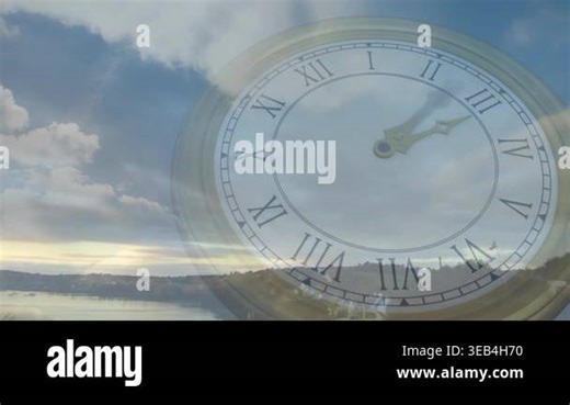 Low sun moving, starting clear clock rotating, hands sweeping clockwise, marking time over water. Timepiece, translucent, overlay, tranquil, coastal, shoreline, horizon
