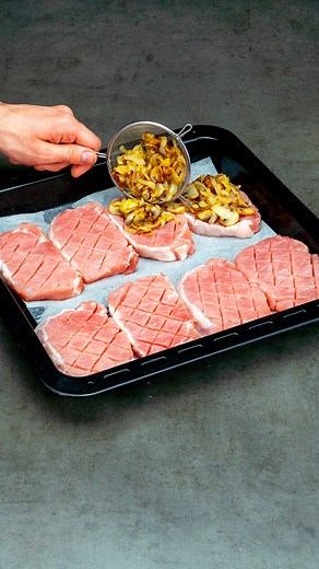 I learned this secret in a restaurant! The meat melts in your mouth Ingredients pork chop: 3 kg (7 lb) black pepper: 5 g (0.2 oz) salt: 5 g (0.2 oz) onion: 100 g (3.5 oz) mushrooms: 200 g (7.1 oz) black pepper: 2 g (0.1 oz) salt: 5 g (0.2 oz) mozzarella: 250 g (8.8 oz) black pepper: 2 g (0.1 oz) salt: 3 g (0.1 oz) Additionally eggs: 2 pc mustard: 50 g (1.8 oz) garlic: 20 g (0.7 oz) red chili pepper: 1 pc lemon juice: 20 ml (0.7 fl oz) olive oil: 100 ml (3.4 fl oz) | Cookrate