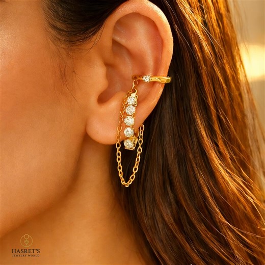 14K Gold Plated Chain Ear Cuff, No Piercing Dangle Earrings - Etsy
