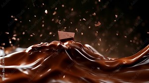 Chocolate pieces fall into a pool of melted chocolate, creating a delicious-looking splash.