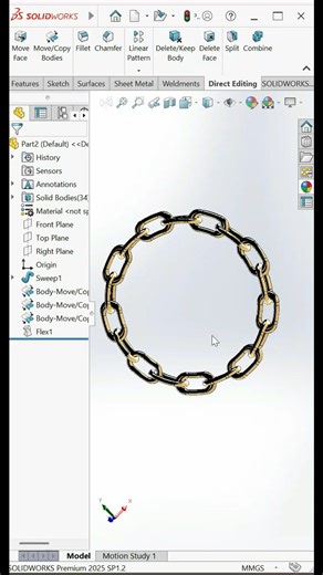CadSikho on Instagram: "Learn how to create a realistic chain design in SolidWorks using advanced 3D modeling and assembly techniques. This reel shows the correct method to model individual chain links, maintain proper dimensions, and build a clean mechanical chain structure used in real engineering applications. Perfect for mechanical engineering students, CAD designers, and SolidWorks learners who want to improve advanced modeling skills and professional workflows. 🚀 #solidworks #solidworks_m