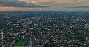 David Panama Aerial v6 cinematic golden sunrise view, drone flyover doleguita neighborhood capturing townscape and beautiful mountainscape in the early morning - Shot with Mavic 3 Cine - April 2022