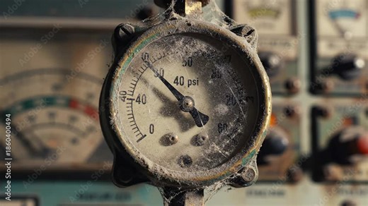 Dusty vintage pressure gauge with frozen needle and faded dial, a forgotten industrial measurement instrument