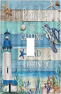 Vintage Sea Turtle Lighthouse on Blue Wood Board Single Toggle Light Switch Covers Decorative 1 Gang Wall Plate Electrical Device Switchplate Faceplate for Farmhouse Bathroom Decor