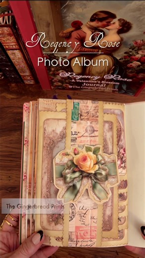 I think this is such a fun project! ♡ I'm creating a charming photo album to pair with my vintage, Jane Austen-inspired romantic journal, Regency Rose: A Valentine's Blossom. Each flip photo card includes a hidden pocket for tucking away special memories or ephemera. This particular album page features a generous 8 pockets in total! All the flap cards are elegantly secured with beautiful silk ribbon bow accents layered over discreet Velcro closures—giving that perfect blend of Regency romance an